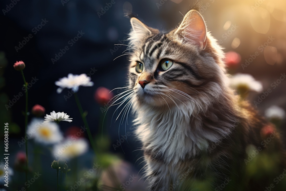 Poster a close up of a cat in a field of flowers. generative ai