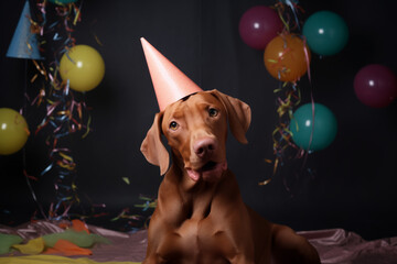 Vizsla with party hat, balloon background