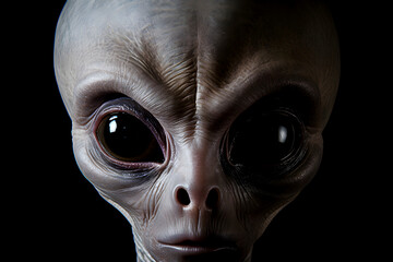 The face of creepy alien creature isolated on black background closeup indoors. - obrazy, fototapety, plakaty