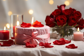 Obraz na płótnie Canvas Romantic table setting with roses and candles on light background, closeup