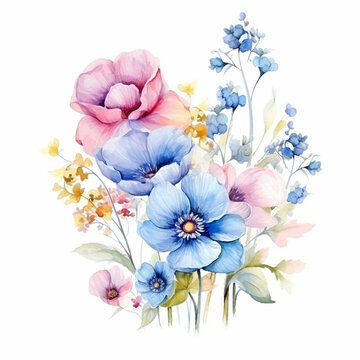 Beautiful spring flowers with leaves watercolor paint on white for greeting card design. Generated AI