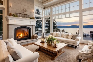 A cozy living space with a warm fireplace and comfortable furniture - obrazy, fototapety, plakaty