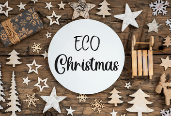 Text ECO Christmas, On Wooden Background, Natural Christmas Decoration