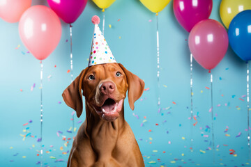 Vizsla with party hat, balloon background