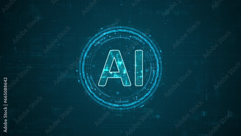 Poster motion graphic of blue digital ai letter and circle futuristic hud elements with flowing arrows with