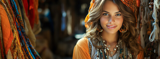 Young woman as a vendor at North African market, with jewelry. - obrazy, fototapety, plakaty