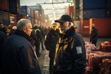 Customs officers inspecting containers at a busy international port, enforcing trade regulations. Concept of customs inspection. Generative Ai.