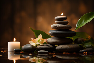 Obraz na płótnie Canvas Zen basalt stones and candle on the wooden background, spa concept