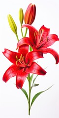 Red Lilies isolated on white background.