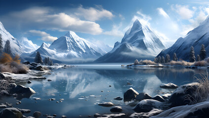 Winter Wonderland, Majestic Snow-Capped Mountains and Reflective Blue Lake