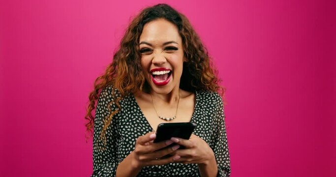 Shocked young woman gets successful match on dating profile, studio hearts
