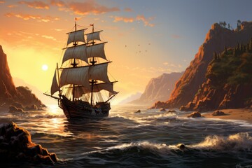 Fototapeta premium A majestic sailing ship gliding through the vast ocean