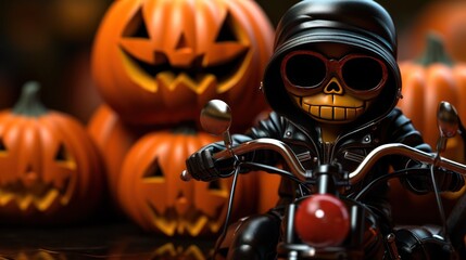 An imaginary scenario of a pumpkin on a motorcycle with more pumpkins in the background as an illustration