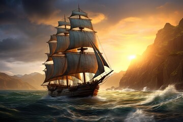 An oil painting of a majestic ship sailing on the vast open sea