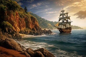 A majestic pirate ship sailing on the vast ocean