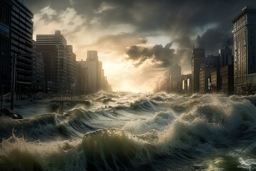 Metropolis engulfed by devastating tidal wave as a result of environmental shifts. Generative AI - obrazy, fototapety, plakaty