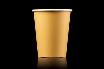 Side view yellow empty disposable paper fast food cup isolated on black background.
