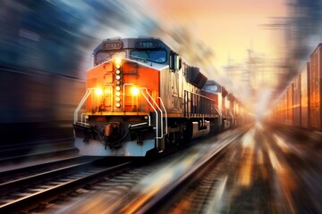 Fast-moving freight trains with a blurred backdrop. Generative AI