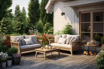 A cozy outdoor seating area surrounded by greenery