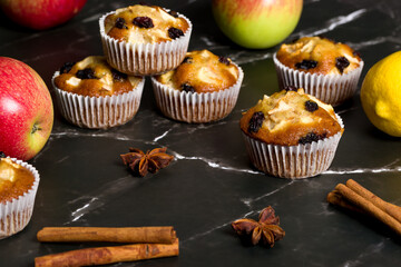 Homemade muffin with apples and raisins