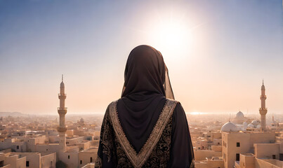 back view of muslim Arab woman was looking at the sun. concept of peace of war. Peaceful realm of dreams. golden hour, dreamscape background, sunset