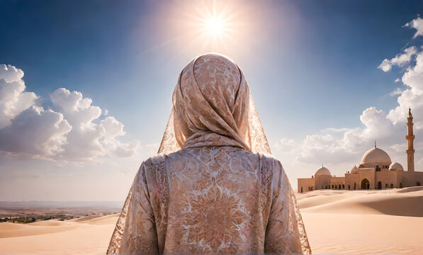 back view of muslim Arab woman was looking at the sun. concept of peace of war. Peaceful realm of dreams. golden hour, dreamscape background, sunset