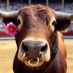 Gordijnen spanish bullfight with a matador in the arena, portrait of a bull in the arena © Deanmon