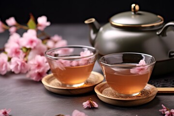 Obraz na płótnie Canvas Traditional ceremony. Cups of brewed tea, teapot and sakura flowers on grey table.