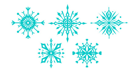 Blue snowflakes set for your design. Interesting geometric elements. Christmas tree toys on white background.