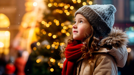 Beautiful little girl dreams near the fireplace at Christmas. Ai generated