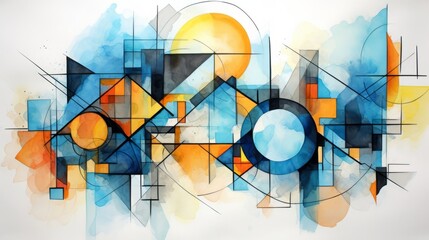 Abstract watercolor artwork mixed with buzzy geometric shape, 16:9, copy space