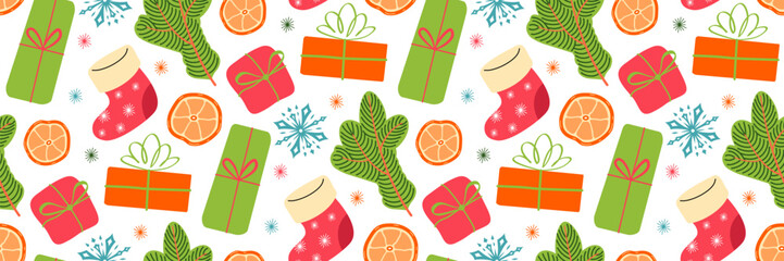 Merry Christmas seamless Pattern. Festive winter and cozy elements. Hand drawn vector illustration.
