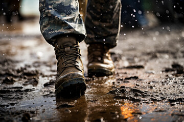 Close up photo of military legs on the battlefield ground made with generative AI