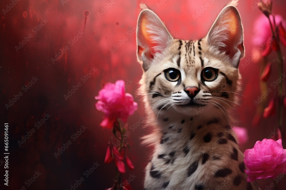 Poster a small cat sitting in a field of flowers with a red background. generative ai