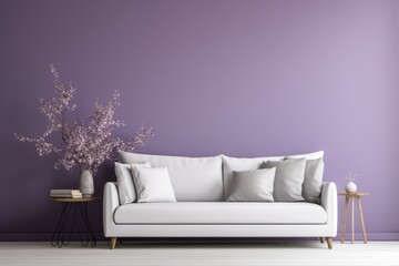 A cozy and modern living room with a vibrant purple color scheme and a comfortable white sofa