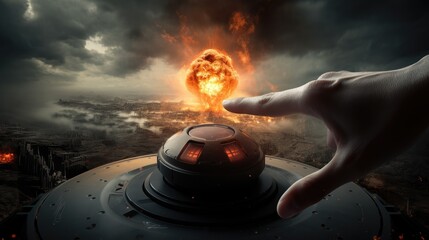 Nuclear Countdown - An ominous hand poised over a giant red button, a stark symbol of global nuclear threat - obrazy, fototapety, plakaty