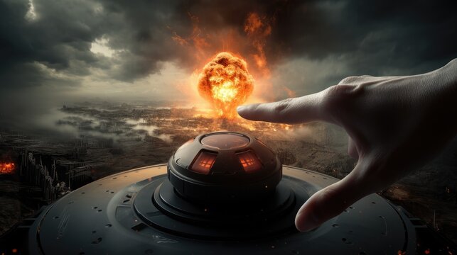 Nuclear Countdown - An ominous hand poised over a giant red button, a stark symbol of global nuclear threat