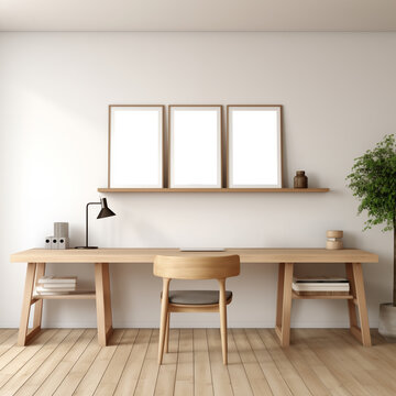 Modern minimal scandinavian style of interior home office area with white wall, wooden floor, wooden table, empty picture frame and indoor plants.

