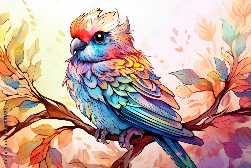 Poster a colorful bird sitting on a branch with leaves on it. generative ai