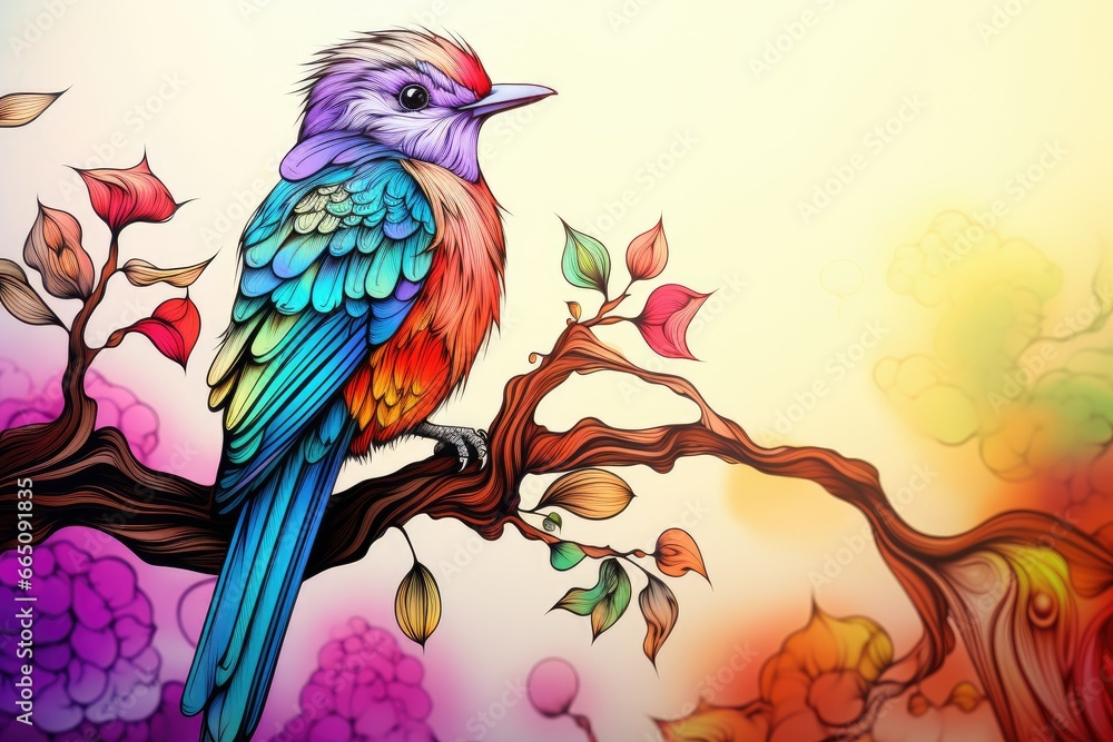Poster a colorful bird sitting on a branch of a tree with leaves. generative ai