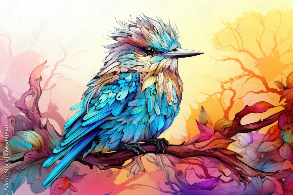 Poster a colorful bird sitting on a branch with leaves on it. generative ai