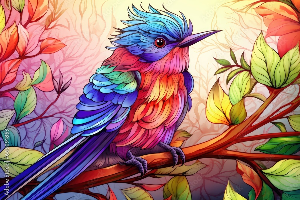 Poster a colorful bird sitting on a branch with leaves around it. generative ai