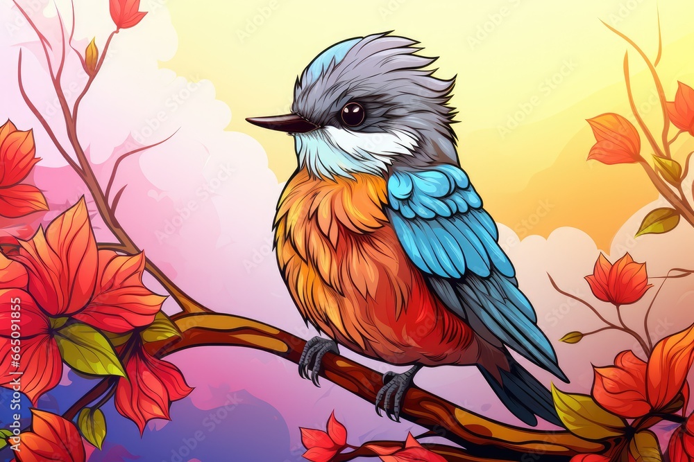 Poster a colorful bird sitting on a branch of a tree with red flowers. generative ai