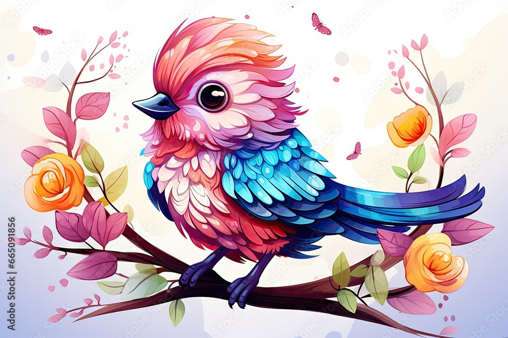 Poster a colorful bird sitting on a branch with flowers around it. generative ai