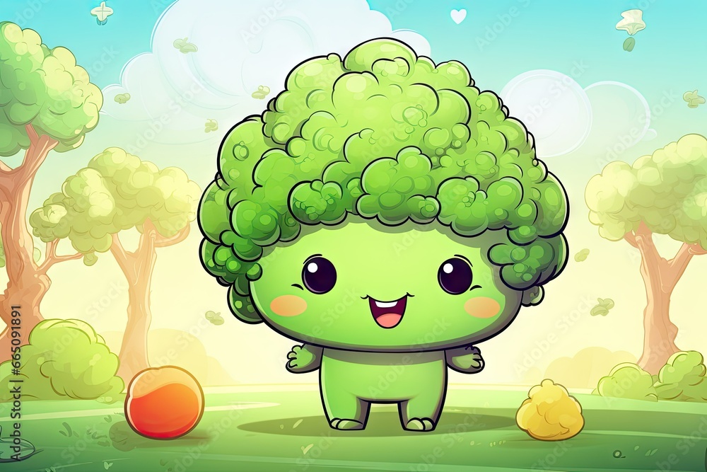 Poster a green broccoli with a happy face standing in a field. generative ai