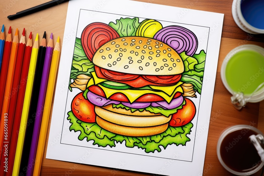 Poster a drawing of a hamburger with lettuce and tomatoes. generative ai