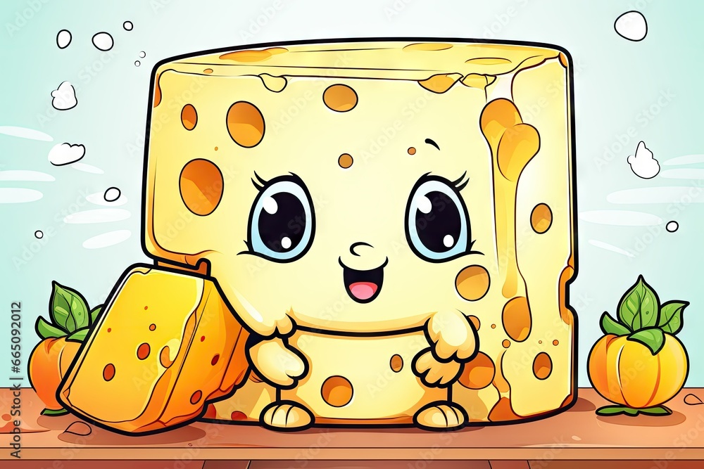 Poster a cartoon of a cheese block with a smile on it's face. generative ai