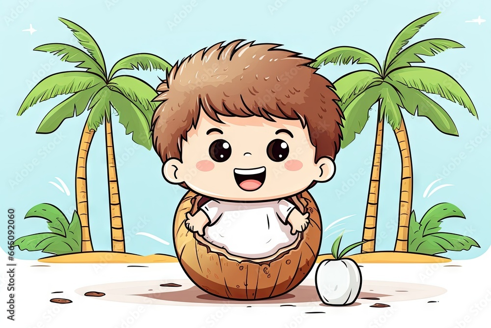 Poster a boy sitting in a coconut shell with a coconut in front of him. generative ai