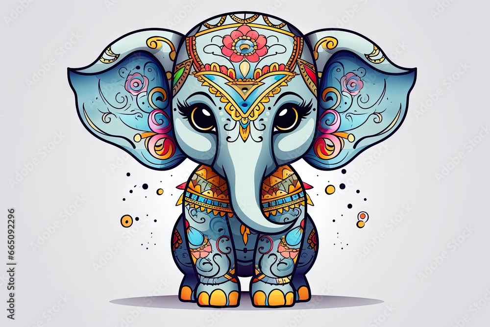 Poster an elephant with a floral pattern on its head and ears. generative ai