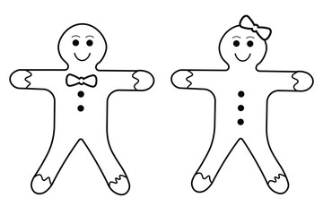Outline Design of Christmas Ginger Bread Cookies Icons. Isolated on White Background. Vector Design Elements. Male and Female smiling Christmas biscuits or cookies. Sweet dessert for New Year.